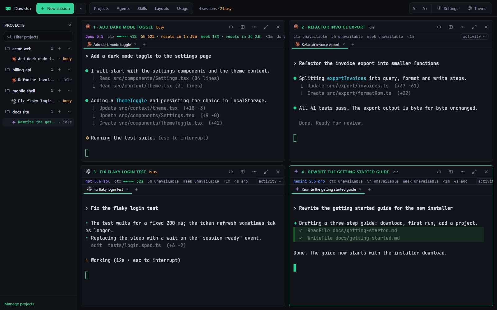 دوشة تعرض أربع جلسات في شبكة ٢×٢ لوكلاء Claude Code وCodex وGemini في مشاريع تجريبية